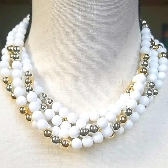 Vintage 1950s Mid Century Choker Beaded Gold & Silver Tone Multi-Strand Necklace - Picture 5 of 15